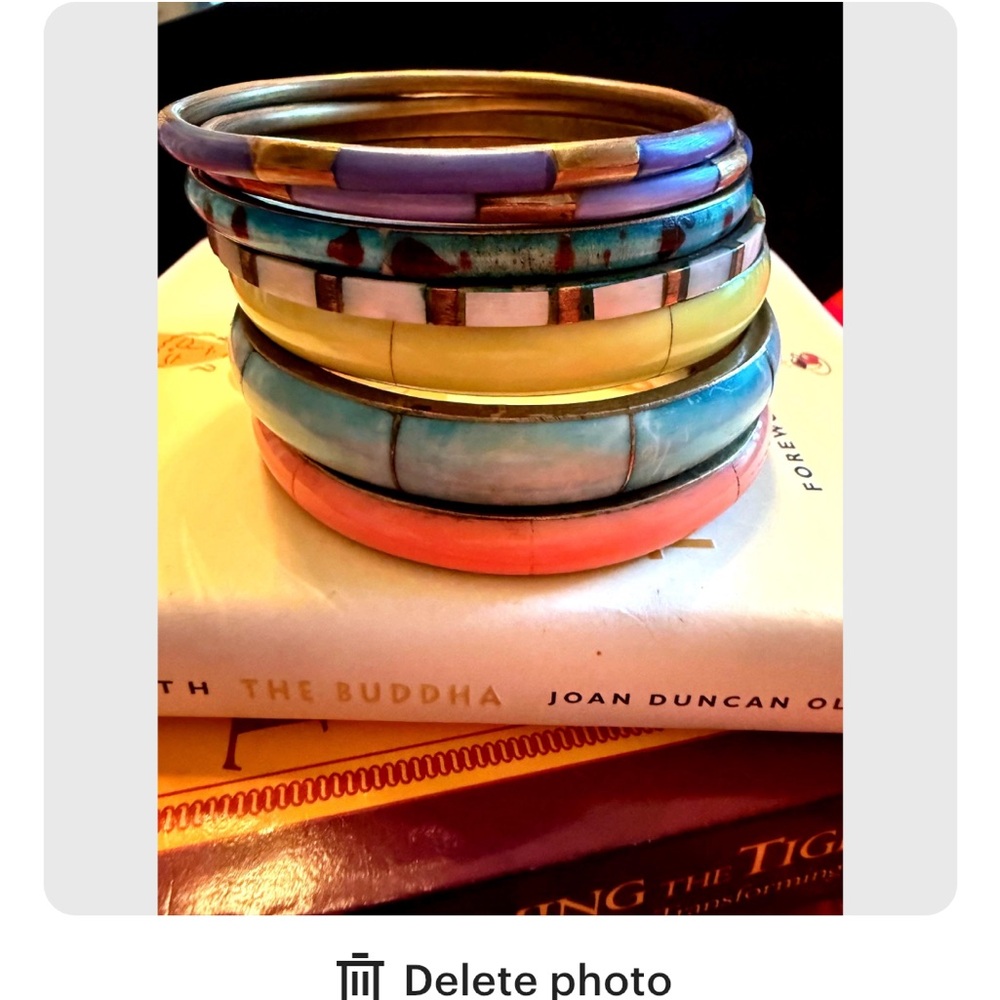 Brass And Shell Inlay Bold Bangle Set Multi Colored Vintage Bohemian